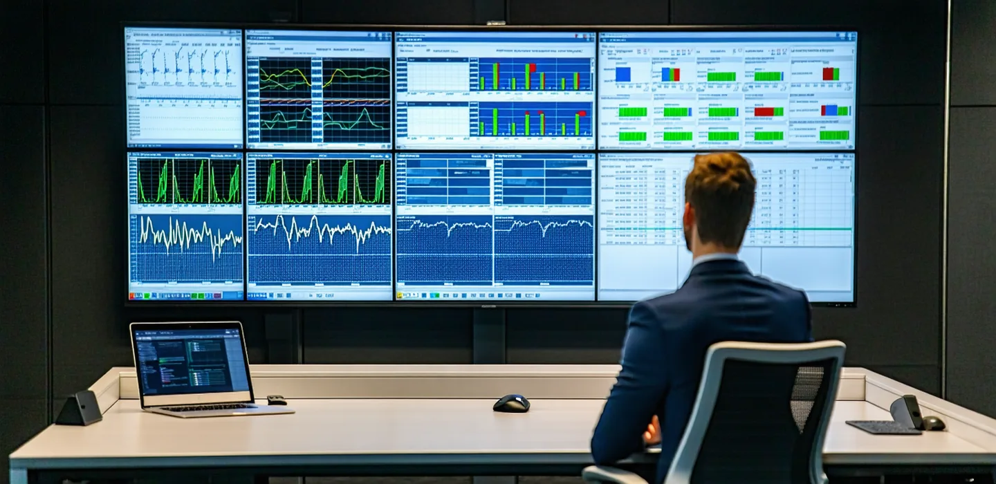 Operations director reviewing facility monitoring data on a screen in a plant control room