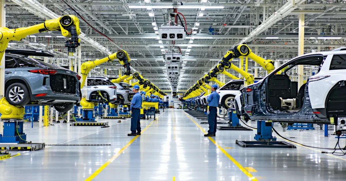 Automotive assembly line with quality inspection cameras overhead and workers in safety gear