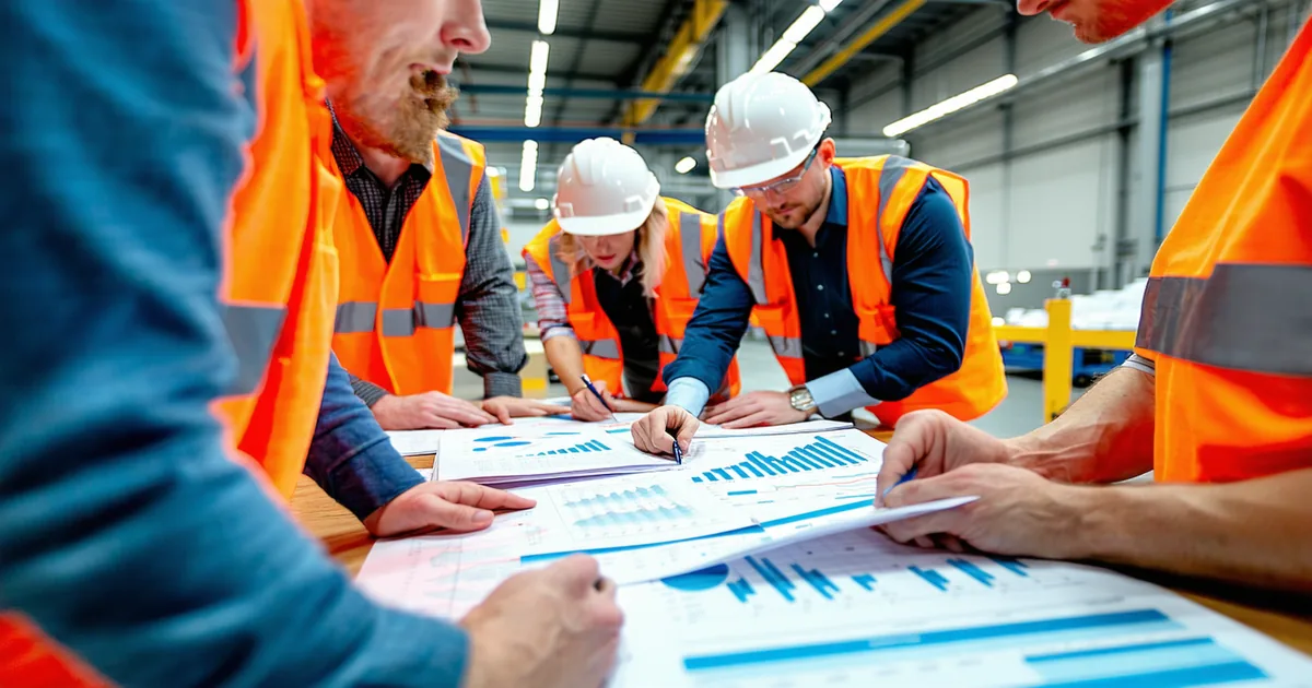 Manufacturing safety team meeting reviewing operational data to build a data-driven safety culture