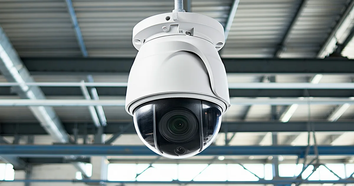 Existing IP security camera on industrial ceiling with facility floor visible below