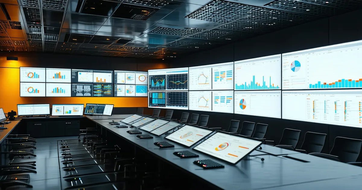 Industrial control room showing SCADA system screens alongside modern analytics integration setup