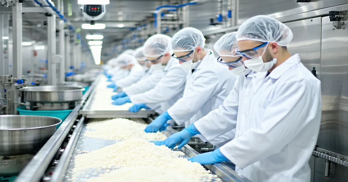 Food processing facility workers wearing complete PPE including hairnets, gloves, and white coats near automated monitoring camera