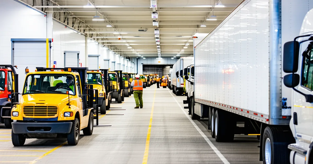 Busy loading dock area with forklifts and workers showing zone congestion at a distribution warehouse