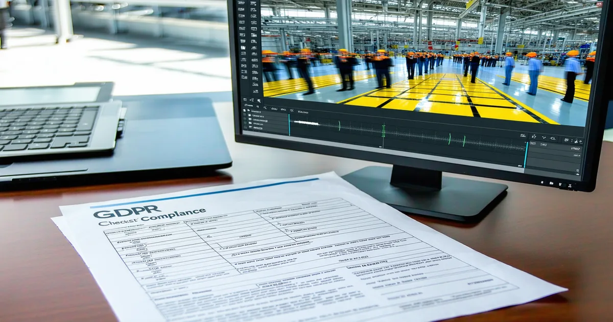 Worker privacy protection concept showing blurred video frame with GDPR compliance documentation