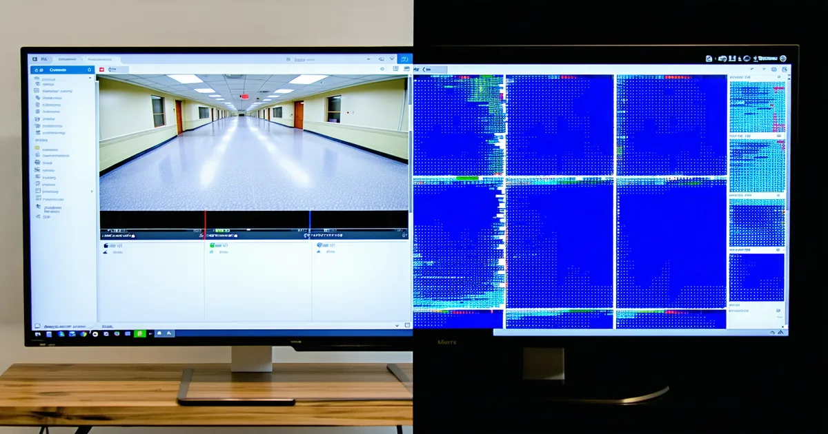 Split concept showing traditional CCTV footage grid versus modern zone intelligence analytics dashboard