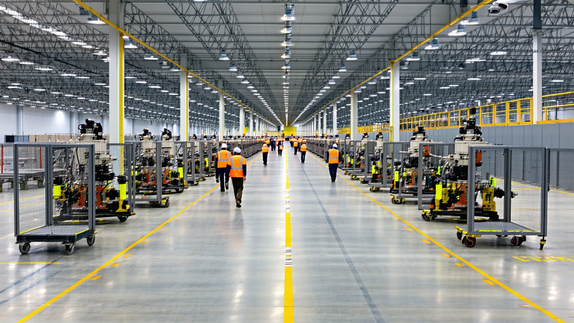 Wide-angle view of an active manufacturing floor with overhead cameras and workers in high-visibility vests