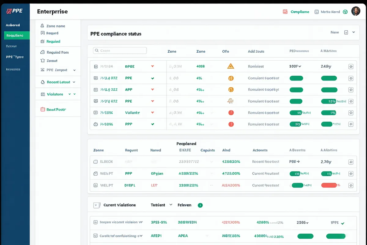 PPE compliance monitoring dashboard with automated detection status per zone and worker count