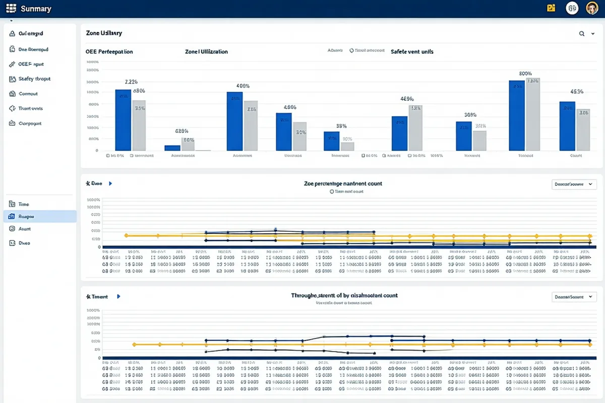 Automated shift summary report showing OEE metrics, zone utilization percentages, and safety event counts