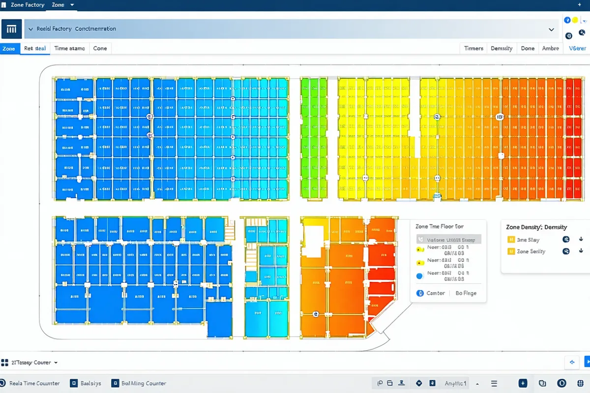 Zone intelligence dashboard showing real-time worker density heatmap overlaid on a facility floor plan