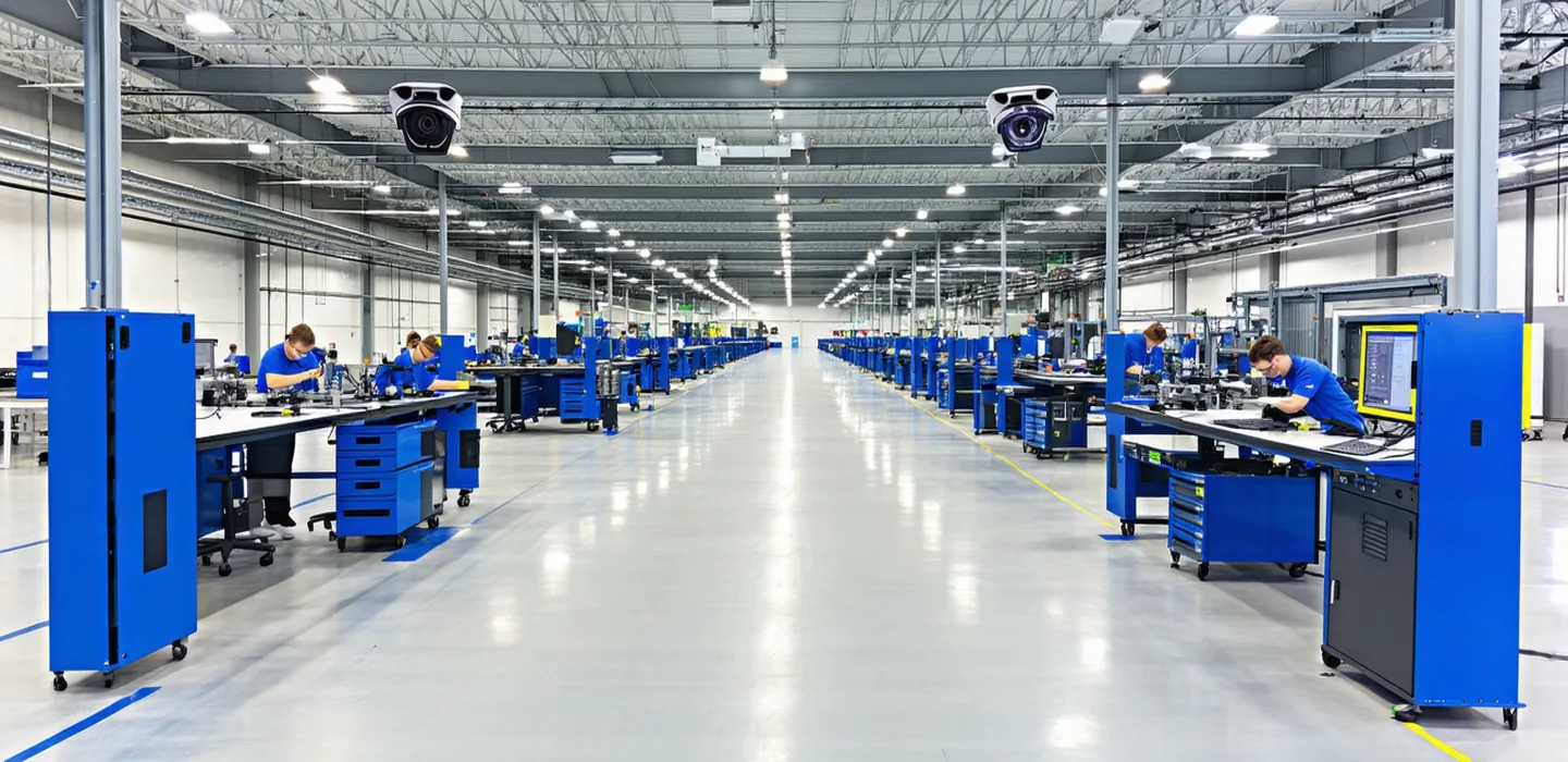 Contract manufacturing facility floor showing assembly workstations with overhead cameras