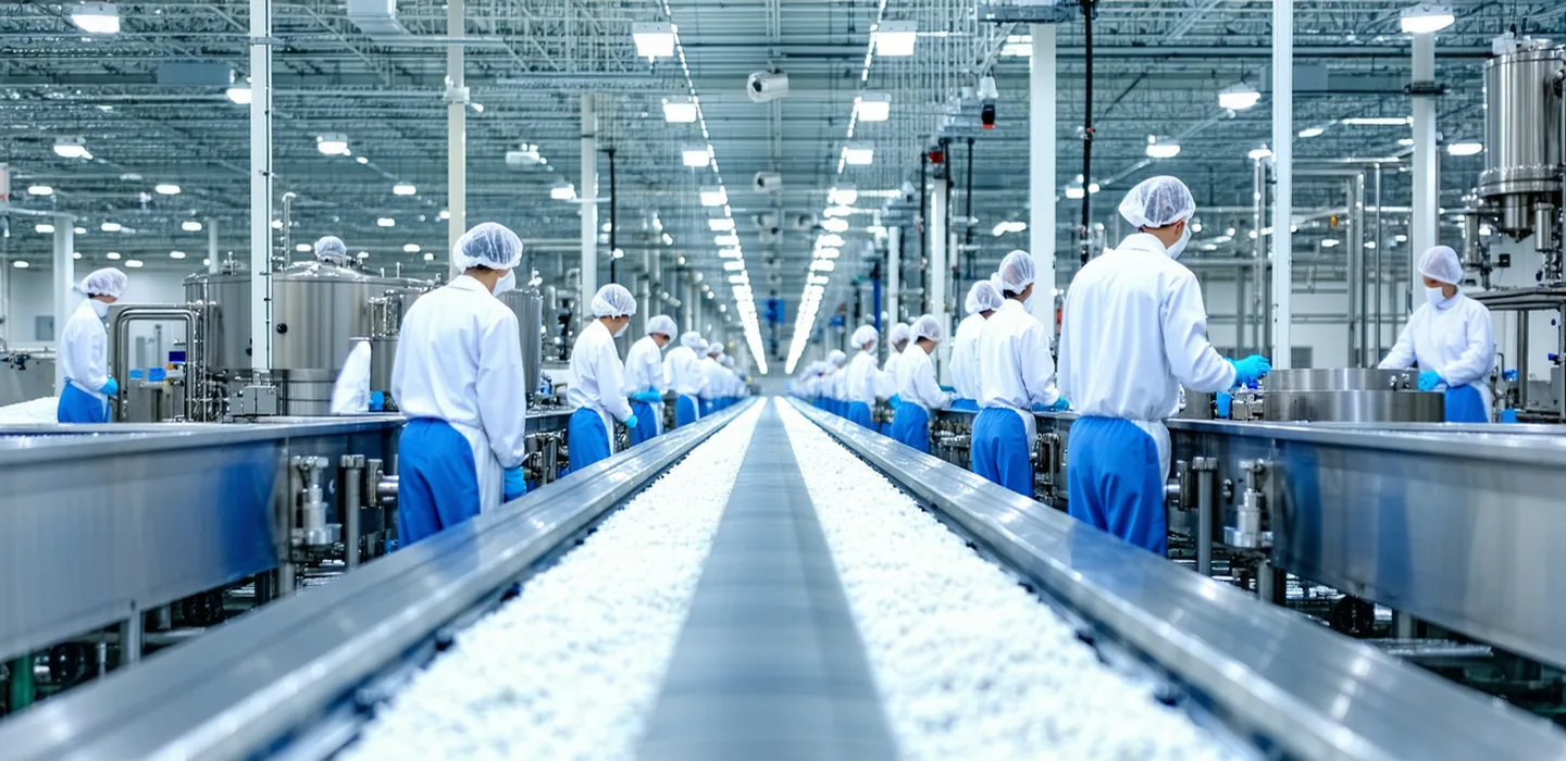 Food processing facility with workers in hairnets and gloves on a production line monitored by ceiling-mounted cameras