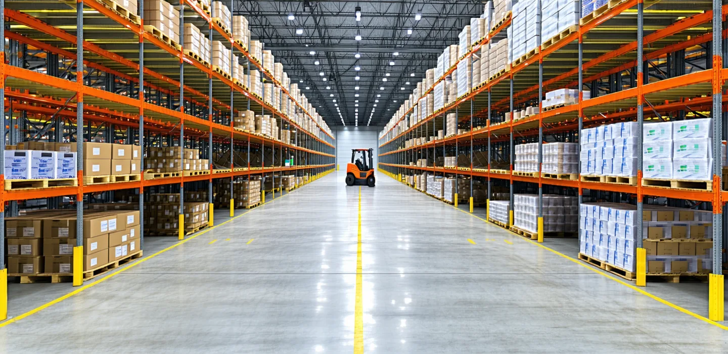 Distribution warehouse interior with loading dock zone, forklift activity, and overhead cameras